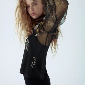 Zara Black Floral Embroidered Mesh Blouse L